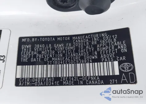 2013 Toyota Corolla Le z USA, uszkodzony, nr VIN 2T1BU4EE5DC938824